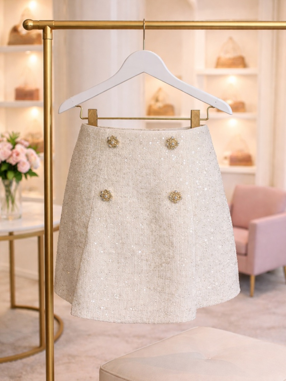 SELF PORTRAIT SEQUINED WHITE TWEED SKIRT